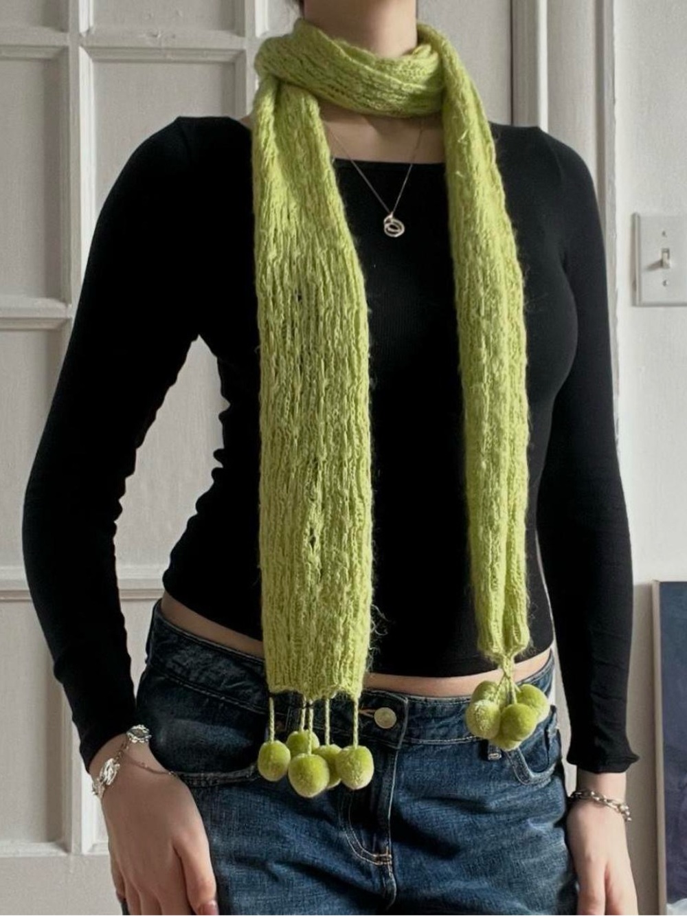 Green Alpaca Wool Pom Pom Scarf